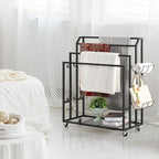 Towel Rack for Bathroom Freestanding Towel Holder Stand Black Blanket Holder for Floor Large Towel Cart with Wheels, Storage Shelves, 6 Metal Hooks for Bathroom, Pool, Living Room