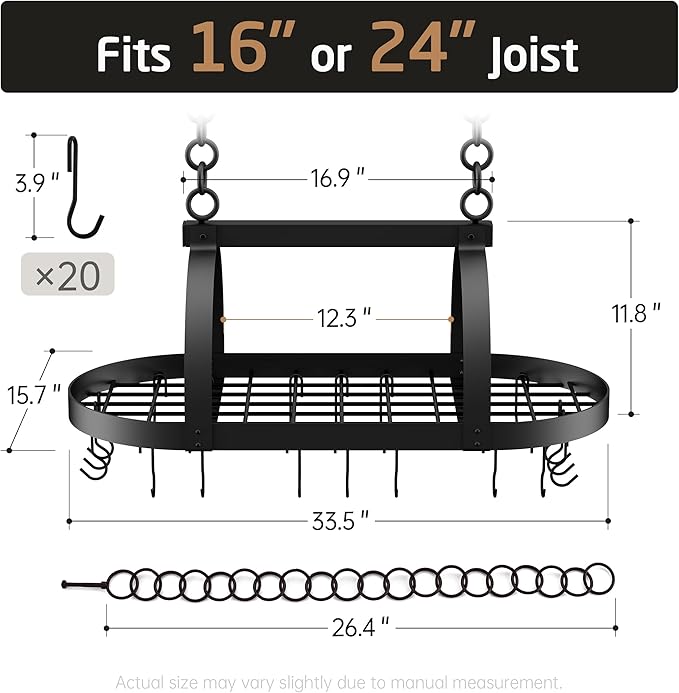 KES Ceiling Pot Rack 34-Inch Hanging Pot Rack for Kitchen Oval Pot and Pan Rack Matte Black Pot Hanger with 20 S Hooks (For 16" and 24" Joist), KUR221S85-BK