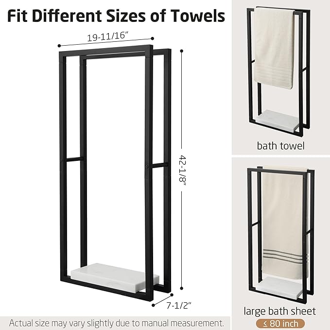 KES 42" H Bathroom Free Standing Towel Rack, Freestanding Floor Towel Rack Stand 2 Tier with Marble Base for Bathroom Floor, Double Large Bath Sheet Extra High Thick, Matte Black, BTH503-BK