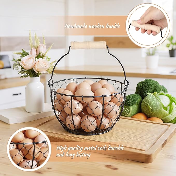 2 Pcs Egg Basket With Handle,Wire Egg Basket for Gathering Fresh Eggs, Round Egg Collecting Basket for Farm,Vintage Style Chicken and Duck Eggs Basket Egg Countertop Storage Container Holder ﻿