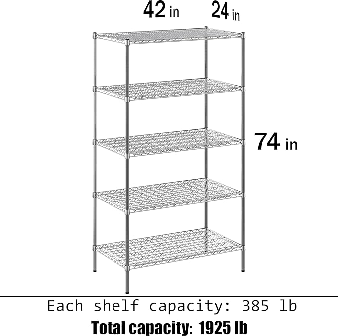 24" Deep x 42" Wide x 74" Height Wire Shelving Kit | 5-Tier | NSF Commercial Storage Rack Unit