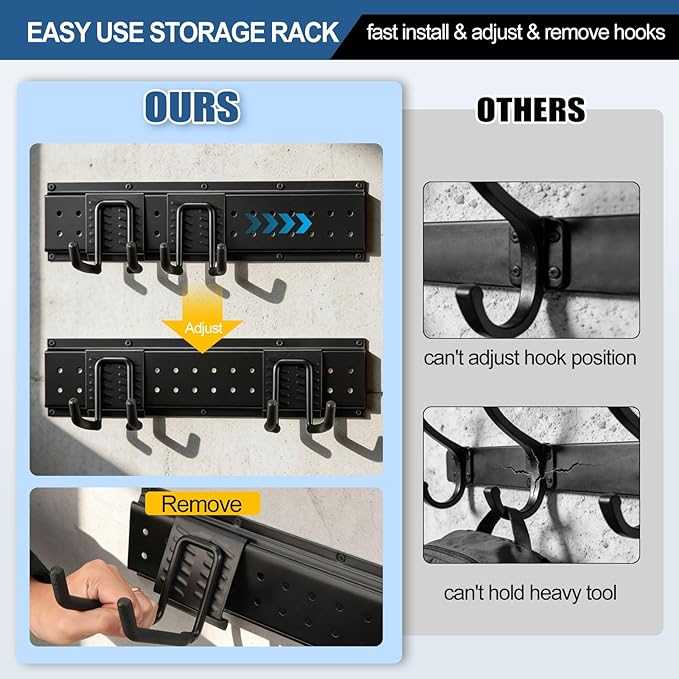 17Pack Garage Tool Organizer Wall Mount 49.5'', 520lbs Heavy Duty Garden Tool Organizer with 17 Adjustable Hooks, Yard Tool Hanger for Shovel Rake Broom Ladder, Easy Assembly Garage Wall