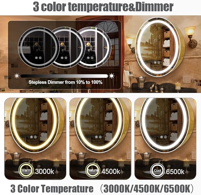 28inch Round Medicine Cabinet with Lights,Led Medicine Cabinet with Defogger,Illuminated Mirror Cabinet for Bathroom,Dimmable,Anti-Fog,3 Colors,Surface Mount only,Gold