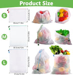 Dyrfolm15 Pack Reusable Produce Bags,See-Through Vegetable Storage Bags with Drawstring &Colorful Tare Weight Tags,Washable Mesh Produce Bags for Grocery Shopping,Fruits,Vegetable(3 Sizes)