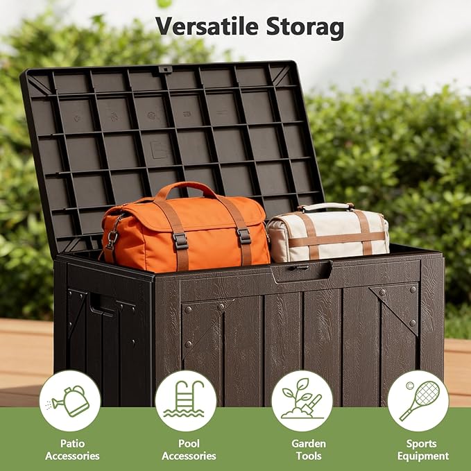 Outdoor Storage Box - 30 Gallon Waterproof Resin Deck Box, Lockable Patio Storage Bench for Package Delivery, Cushions & Garden Tools, UV Resistant (Brown)
