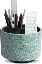 lizimandu Round Leather Art Supply Organizer,Remote Control Holder,360 Degree Spinning,Multi-Functional Pencil Holder,4 Compartments Desktop Stationary Organizer(1-Carved Stone Green)