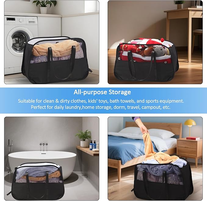 Collapsible Laundry Baskets, 95L Laundry Hamper, Foldable Clothes Hamper with Shoulder Strap for Bedroom, Dorm, Apartment - Durable Tear-Resistant Storage Basket for Laundry, Kids Room (2 Pack, Black)