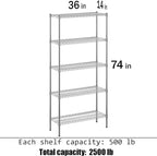 14" Deep x 36" Wide x 74" Height Wire Shelving Kit | 5-Tier | NSF Commercial Storage Rack Unit