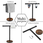 Towel Holder Stand, Countertop Hand Towel Stand for Bathroom and Kitchen, Free Standing Counter Towel Rack with Weighted Wood Base, Rustic Black and Brown