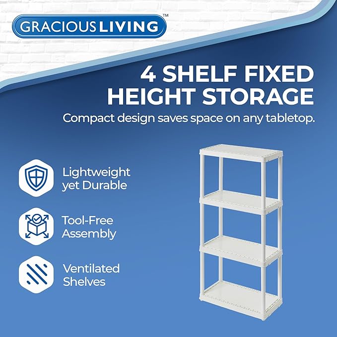 Gracious Living 4 Shelf Fixed Height Solid Light Duty Storage Unit 12 x 24 x 48 for Home, Garage, Basement, & Laundry, White (2 Pack)