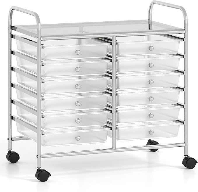 GOFLAME 12-Drawer Rolling Storage Cart, Multifunctional Art Craft Organizer Cart, Mobile Utility Storage Cart with Removable Drawers & Lockable Wheels, Craft Cart for Home Office School, Clear