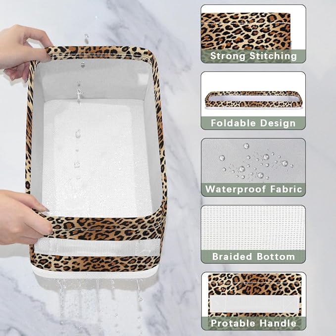 Leopard Print Bathroom Basket Foldable Toilet Tank Topper Paper Basket Waterproof Fabric Storage Organizer Bins Decorative Open Storage for Home Closet Containers Cabinet Set of 2