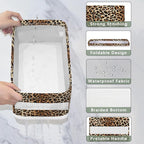 Leopard Print Bathroom Basket Foldable Toilet Tank Topper Paper Basket Waterproof Fabric Storage Organizer Bins Decorative Open Storage for Home Closet Containers Cabinet Set of 2