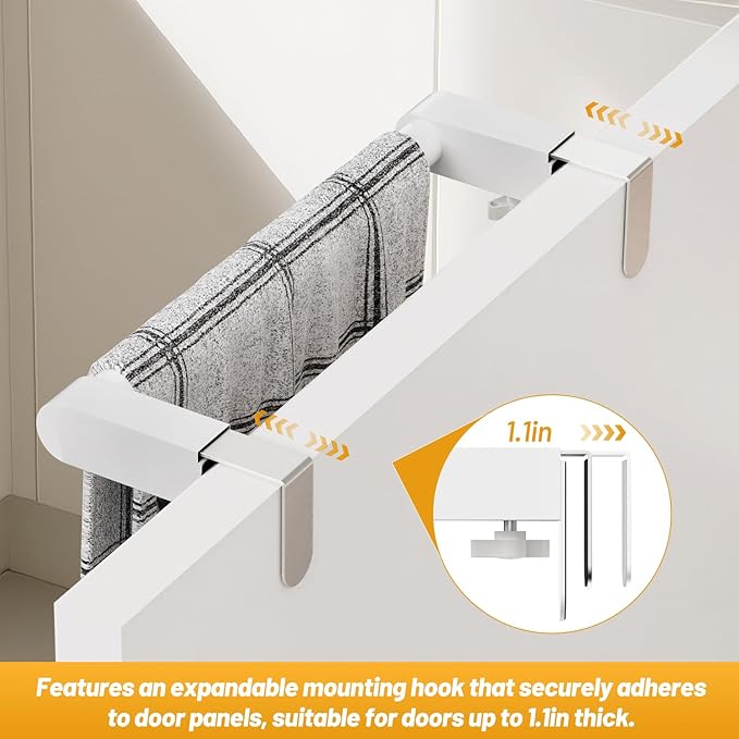 VEHHE Hand Screwed Telescopic Over Cabinet Door Towel Rack, Adjustable Length and Width Dish Towel Holder, Kitchen Towel Rack with EVA Foam Pad (White)