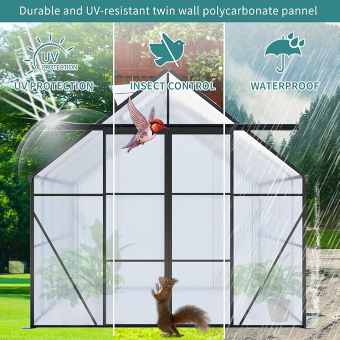 Heavy-Duty Walk-in Polycarbonate Greenhouse with Dual Sliding Doors, Adjustable Roof Ventilation, and Galvanized Steel Base for Year-Round Outdoor Gardening (Black 8*8FT)