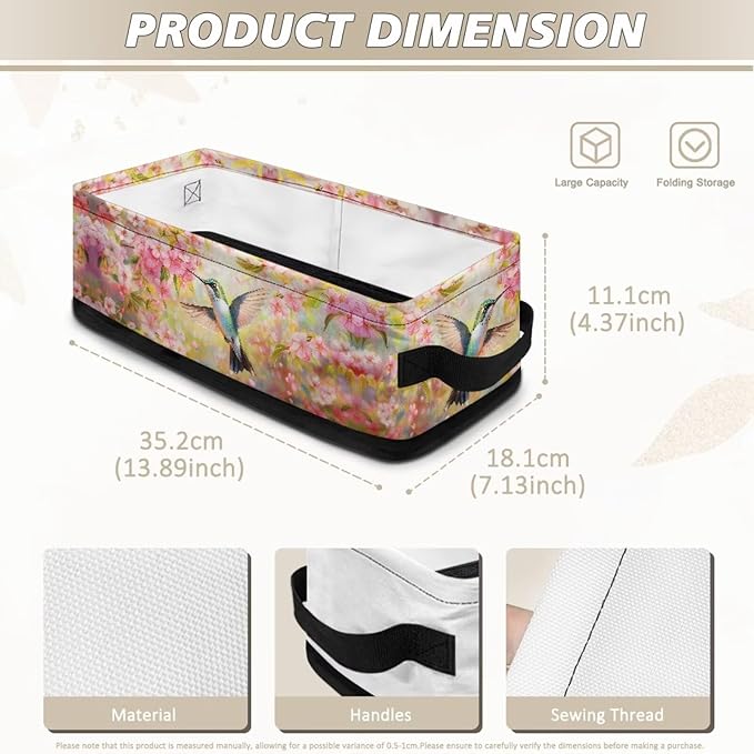 Small Storage Bin Narrow Toilet Paper Tissue Baskets Foldable Fabric Organizers Bathroom Bedroom Decorations Closet Countertop Vanity Baskets, Spring Style Hummingbird Flower