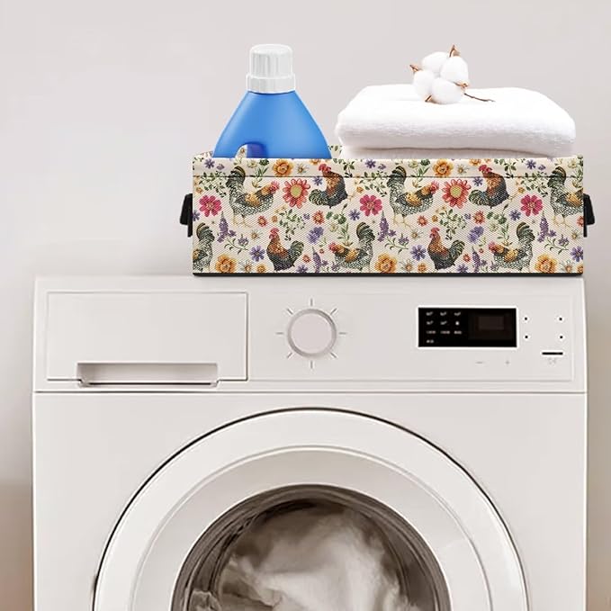 Rectangular Toilet Paper Basket Countertop Fabric Storage Bin for Organizing Towels Toiletries Baskets Small Household Items Organizer, Rooster Chicken Floral Print
