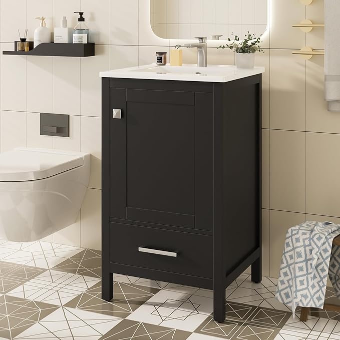 20" Small Bathroom Vanity with Sink, Soft-Close Drawer and Door, Wood Modern Single Bathroom Sink Cabinet with Doors and Shelves, Adjustable Foot Pads, for Small Space (Black)
