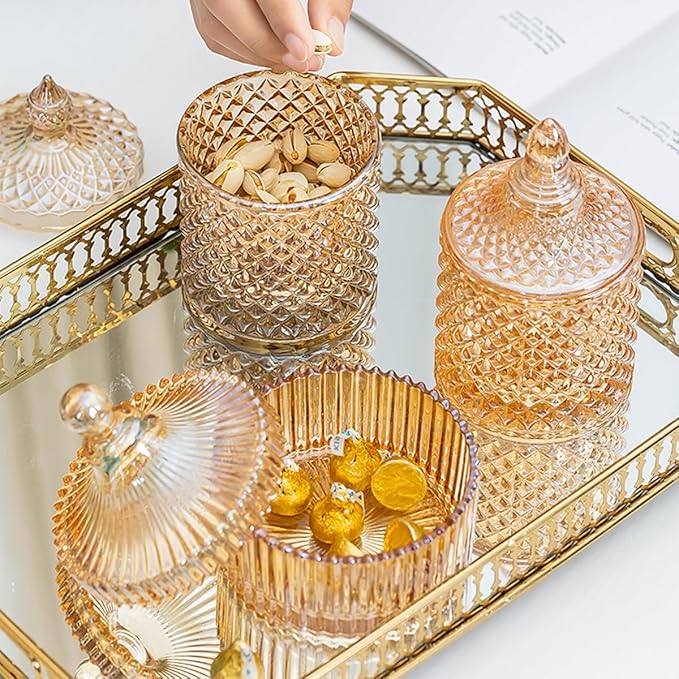 Colorful Glass Jar With Lid,Candy Cookie Jars,Jewelry Box,Biscuit Containers Food Storage,Decorative Jar(Amber)