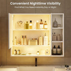 Hasuit Lighted Medicine Cabinet with Mirror and Shelves, Modern Bathroom Medicine Cabinet with Open Storage, Aluminum Channel LED Lights, 35.4'' x 30.7'', White