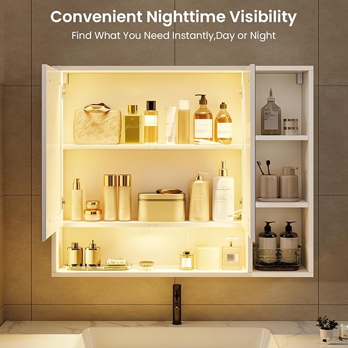 Hasuit Lighted Medicine Cabinet with Mirror and Shelves, Modern Bathroom Medicine Cabinet with Open Storage, Aluminum Channel LED Lights, 35.4'' x 30.7'', White