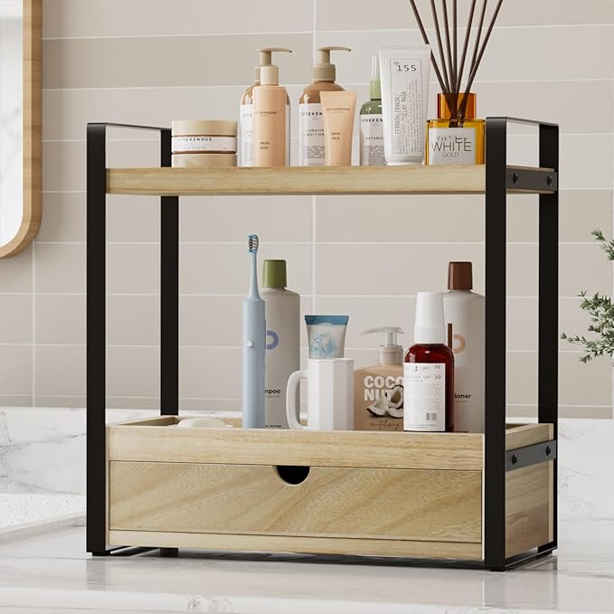2-Tier Bathroom Organizer Countertop with Drawer, Wood Bathroom Counter Shelf for Storage, Vanity Organizer Countertop for Kitchen, Office