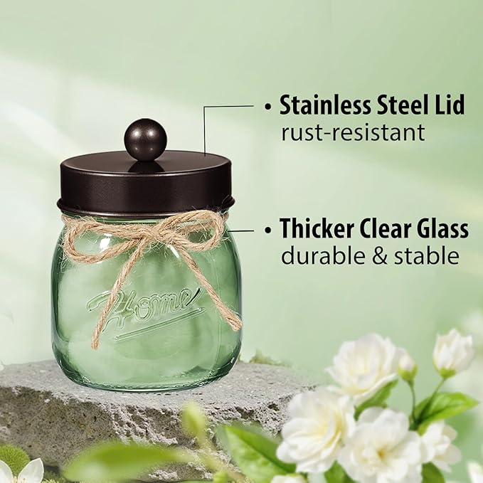 SheeChung Green Glass Qtip Holder Dispenser, Mason Jar Apothecary Jars with Lids, Bathroom Organizers and Storage, Vanity Countertop Canisters Set for Cotton Swab, Ball, Pad, Floss Pick-Bronze, 3 Pack