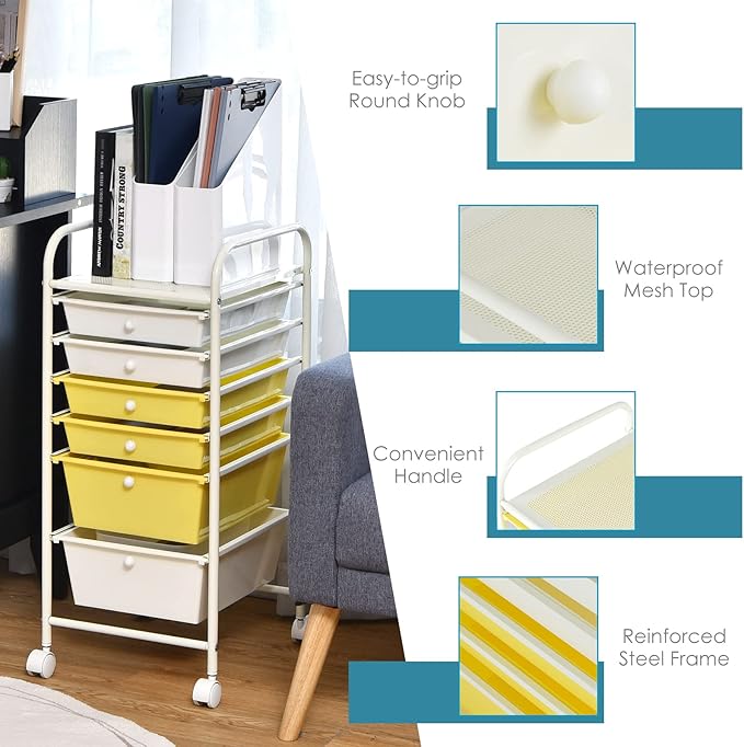 GOFLAME 6-Drawer Rolling Storage Cart, Multifunctional Art Craft Organizer Cart, Mobile Utility Storage Cart with Removable Drawers & Lockable Wheels, Craft Cart for Home Office, School, Yellow