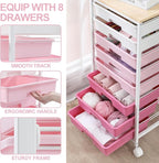 Rolling Cart with Drawers,Storage Cart with 8 Drawers and Wooden Tabletop,Utility Cart for Living Room,Classroom, Bedroom,Bathroom,Dorm,Office,Rose Pink