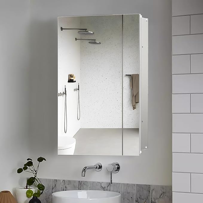 Medicine Cabinet with Mirror, 20x30 inch Bathroom Cabinet, Assembly Needed, Aluminum Surface Mount or Recessed Wall Cabinet, Adjustable Glass Shelves, Suitable for Bathroom Bedroom