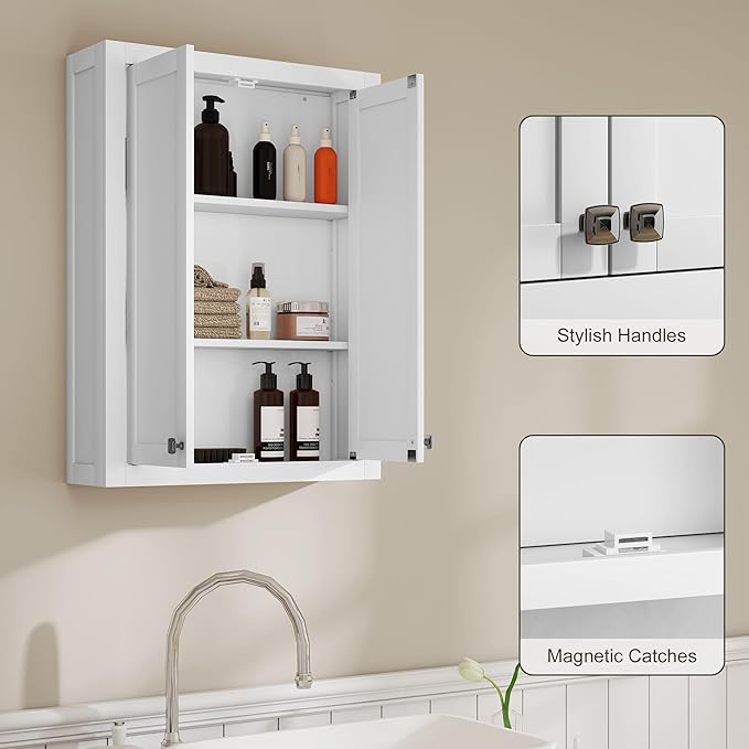 HOMCOM Bathroom Wall Cabinet, Modern Medicine Cabinet Wall Mounted, Over The Toilet Space Saver with 2 Doors and 2 Adjustable Shelves, White