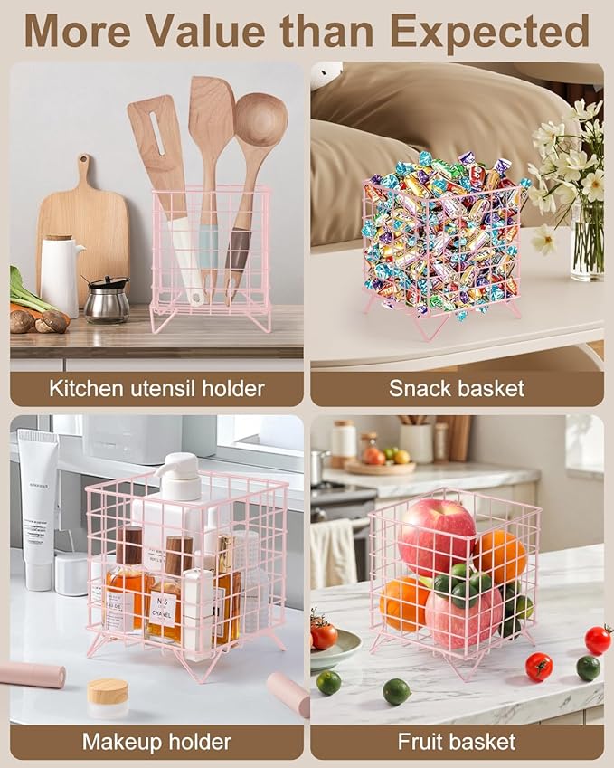 FantasyLife K Cup Holder Organizer, 5.3" x 5.3" x 6.3" Coffee Pod Storage Basket, Coffee Bar Accessories Metal Basket, Large Capacity Countertop Organizer for Kitchen Counter & Office Desktop (Pink)
