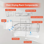 Dish Drying Rack for Kitchen Counter, 2-Tier 304 Stainless Steel Dish Rack with Adjustable Drainage Board, Removable Cup Holder, Utensil Holder, White