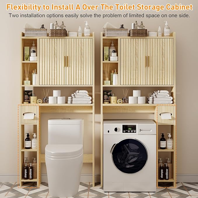 Fluted Over The Toilet Storage Cabinet, Above Toilet Bathroom Organizer with Toilet Paper Holder, Modern Behind Toilet Cabinet, Space Saver for Restroom, Bathroom, Laundry, Natural Oak