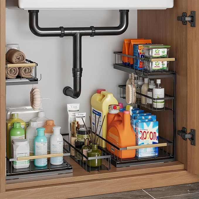 Under Sink Organizer and Storage for Bathroom and Kitchen - 2 Pack 3 Tier Under Cabinet Pull Out Shelf Organizers - Slide Out Drawer Organization for Home Cabinets Shelves and Drawers