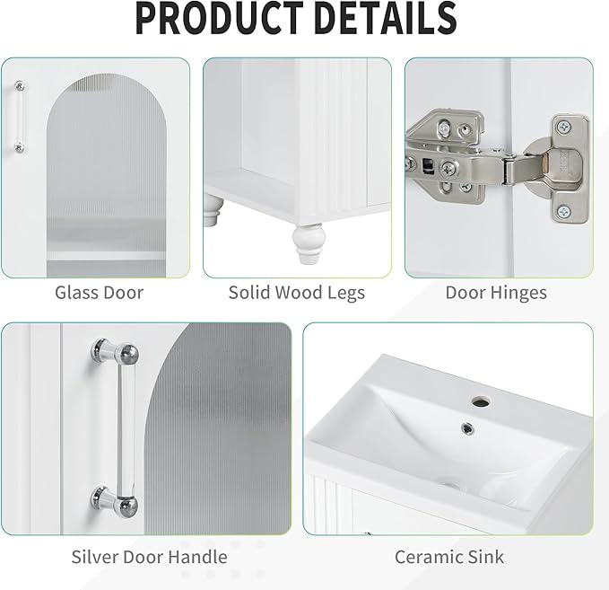20" Small Bathroom Vanity with Sink and Glass Door, Storage Shelf & Toilet Paper Holder,Solid Wood & MDF Modern Single Bathroom Sink Cabinet with Shelves,Freestanding,White