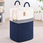 Laundry Basket Hamper,Blanket Storage,Dirty Clothes Hamper with Swivel Handles,Woven Cotton Rope Toy Baskets,Blanket Basket Living Room,Decorative Hampers for Nursery,Bedroom,White & Blue,60L