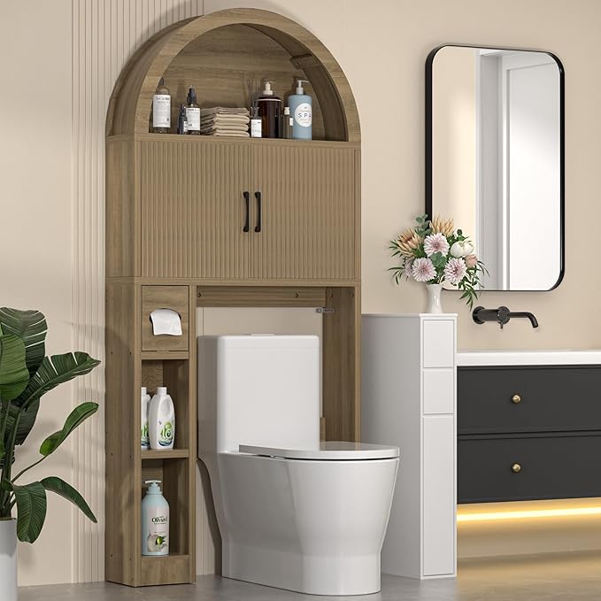 Over The Toilet Storage Cabinet, Bathroom Organizer Over Toilet, Arched Storage Organizer Cabinet with Anti-Tip Device and Adjustable Shelf for Washroom Laundry and Restroom, Natural