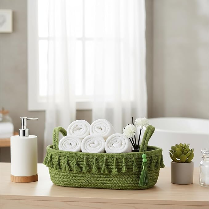 Green Toilet Paper Basket Decorative Boho Cotton Rope Storage Basket Gift Empty Woven Bins with Handle Tassel for Toilet Tank Bathroom Accessories Organizer Decor Countertop Shelf Holder