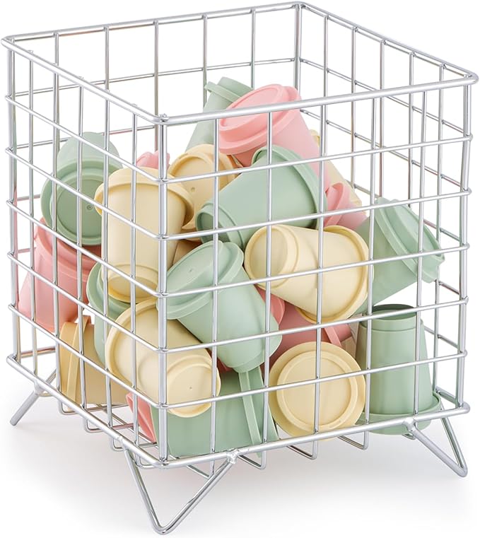 K Cup Holder Organizer, 5.3" x 5.3" x 6.3" Coffee Pod Storage Basket, Coffee Bar Accessories Metal Basket, Large Capacity Countertop Organizer for Kitchen Counter & Office Desktop (Silver)