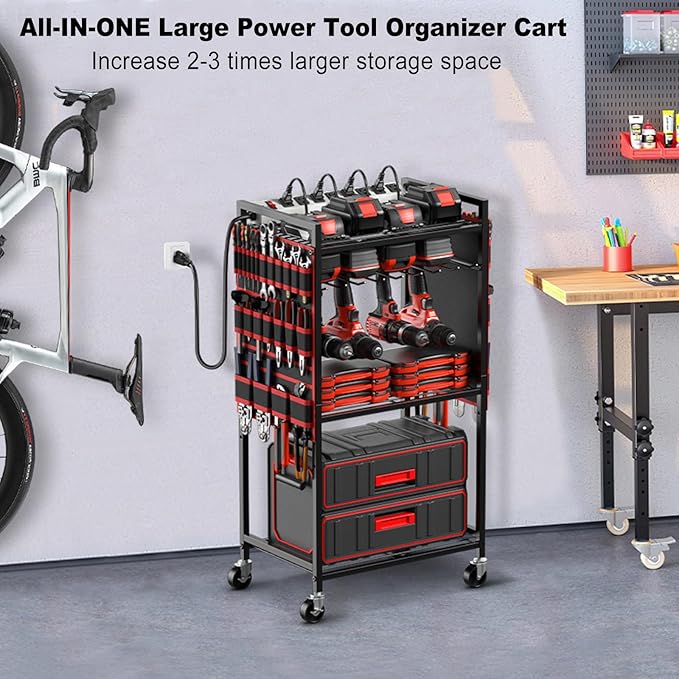JUNNUJ Large Power Tool Organizer Cart with Charging Station, Garage Floor Standing Rolling Drill and Tools Battery Storage Cart on Wheels, Heavy Duty Utility Rack with 8 Outlet 10 FT Power Strip, Red