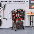JUNNUJ Large Power Tool Organizer Cart with Charging Station, Garage Floor Standing Rolling Drill and Tools Battery Storage Cart on Wheels, Heavy Duty Utility Rack with 8 Outlet 10 FT Power Strip, Red