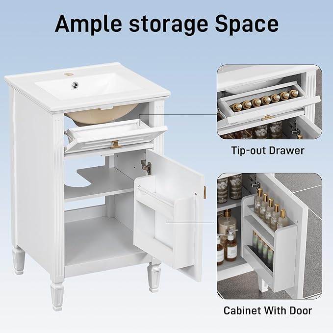 20 in Small Bathroom Vanity with Sink,Soft Closing Door,Tilt-Out Drawer and Adjustable Shelf,Solid Wood Modern Single Bathroom Sink Cabinet,Freestanding (White)