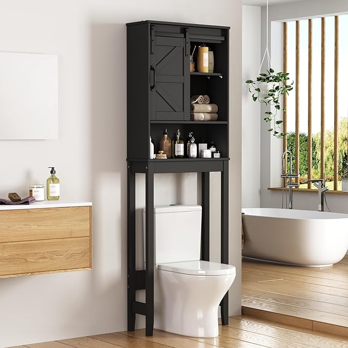 Over The Toilet Storage Cabinet, Bathroom Organizer with Adjustable Shelves and Anti-Tip Device, Space-Saving Storage Solution, Black