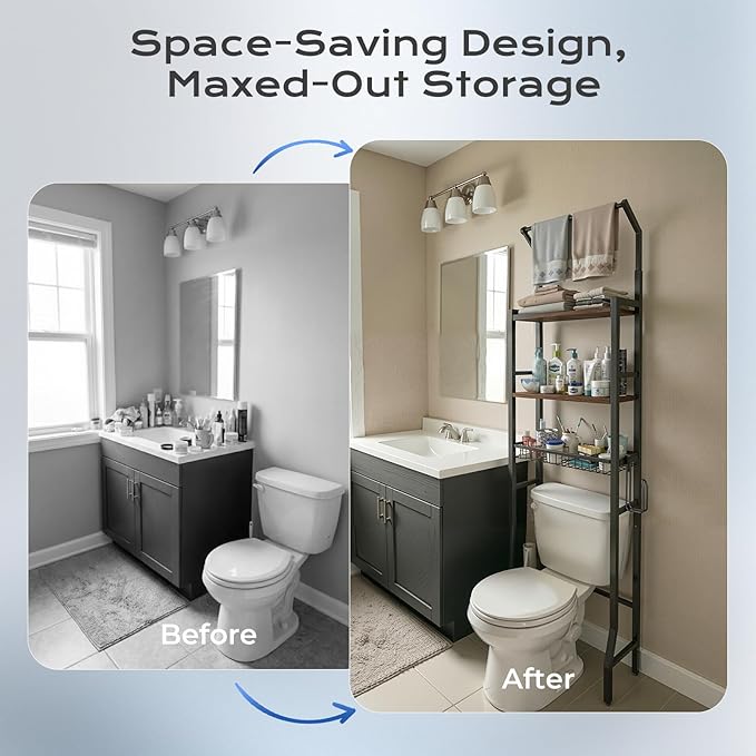 Over-The-Toilet Storage Rack, 3-Tier Bathroom Organizer Shelf Over Toilet with Adjustable Shelf and Basket, Freestanding Space Saver Bathroom Shelves Above Toilet for Room