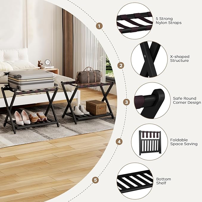 26.77"L Luggage Rack for Guest Room - 1 Pack Full Assembled Luggage Rack Stand for Suitcases, Foldable Luggage Holders with Shoe Shelf, 5 Nylon Straps for Bedroom, Hotel (Black Bamboo Suitcase Stands)