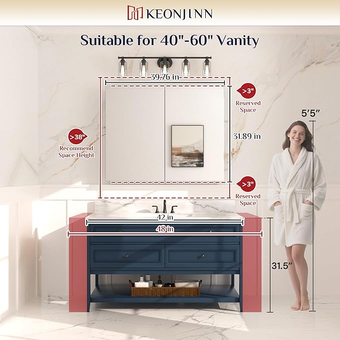 Keonjinn 40 x 32 Inch Large Medicine Cabinet for Bathroom, Black Lightweight Combined Double Doors Mirrored Cabinet, Assembly Needed, Recessed or Wall Mount, Flexiable Ample Storage, Soft Closing