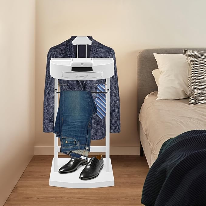 Wood Suit Valet Stand, Valet Stand for Men with Tray and Anti-slip Trouser Rack, Mens Valet Stand for Office, Living Room, Bedroom, White