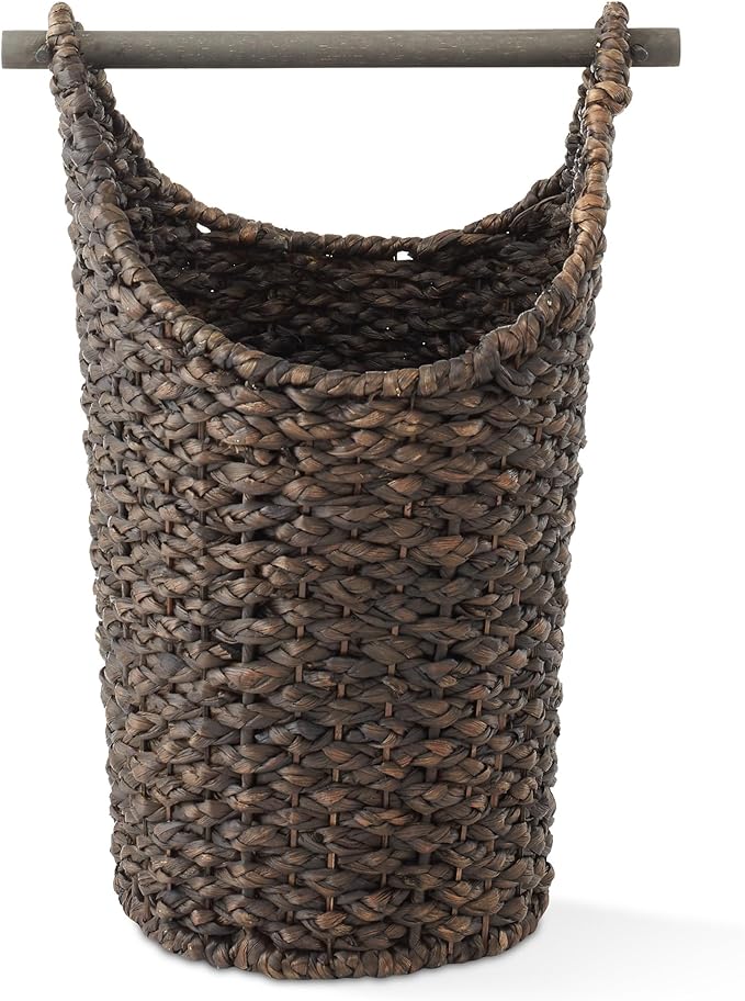 Casafield Toilet Paper Storage Basket with Wood Roll Holder Bar - Espresso, Braided Water Hyacinth Wicker Bathroom Tissue Storage Organizer