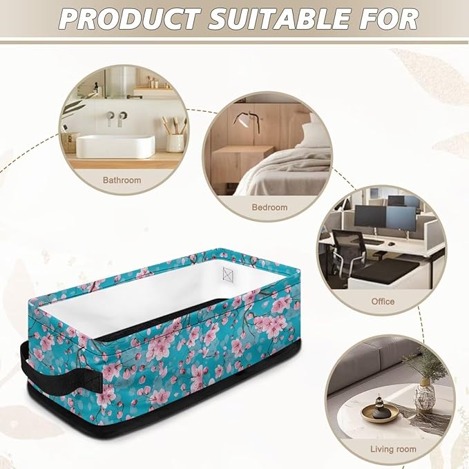 Narrow Storage Baskets Organizer for Toilet Paper Rolls Towels, Fabric Organizer Basket with Handles Collapsible Storage Bin for Bathroom Living Room Office, Pink Peach Blossom Blue